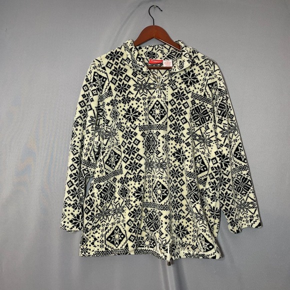 Liz Claiborne Sweater Women's Large Petite Snowflake Pullover Fleece Black White - Picture 1 of 7